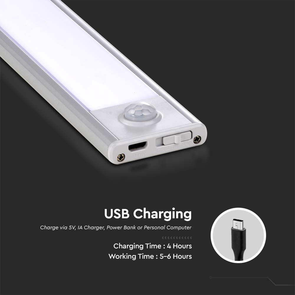 1.5W Oprawa pod szafkowa na baterie z czujnikiem ruchu 30cm / Barwa:4000K / IP20 / Obudowa: Czarna / Ładowanie USB