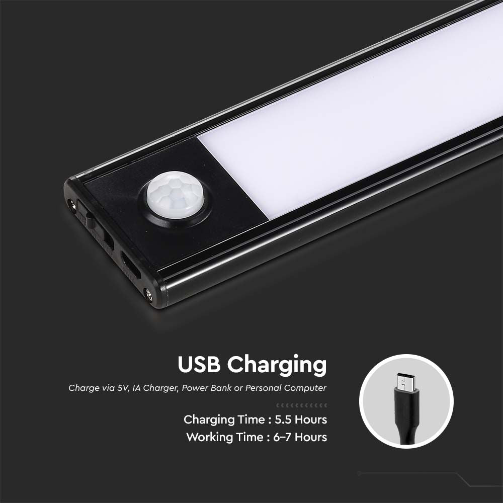 2W Oprawa pod szafkowa na baterie z czujnikiem ruchu 40cm / Barwa:3000K / IP20 / Obudowa: Czarna/ Ładowanie USB