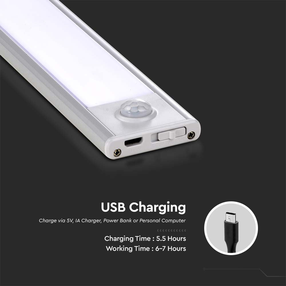 2W Oprawa pod szafkowa na baterie z czujnikiem ruchu 40cm / Barwa:4000K / IP20 / Obudowa: Srebrna / Ładowanie USB