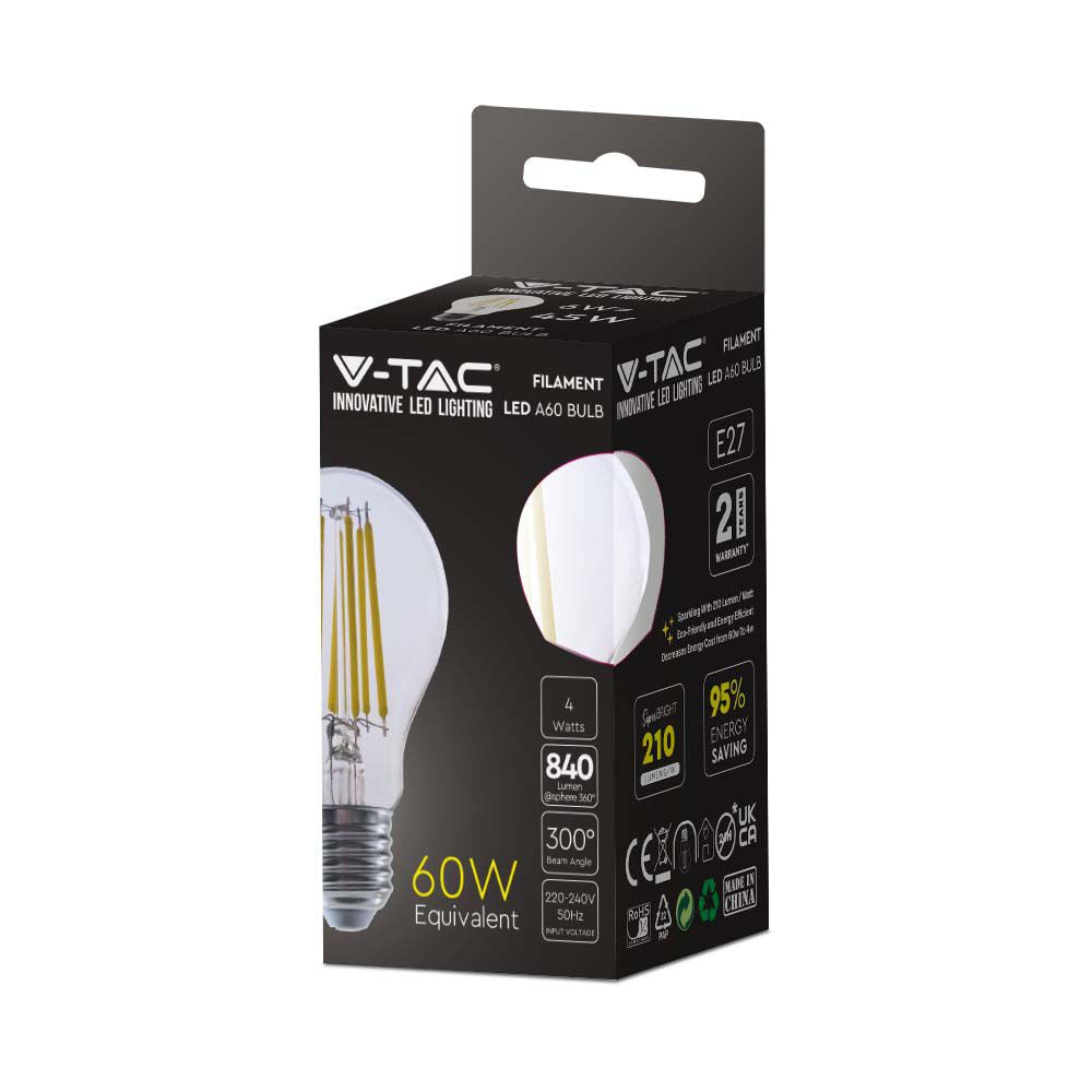 4W A60 Żarówka LED Filament / Klosz Transparentny / Barwa:3000K / Trzonek:E27 / Skuteczność: 210lm/W