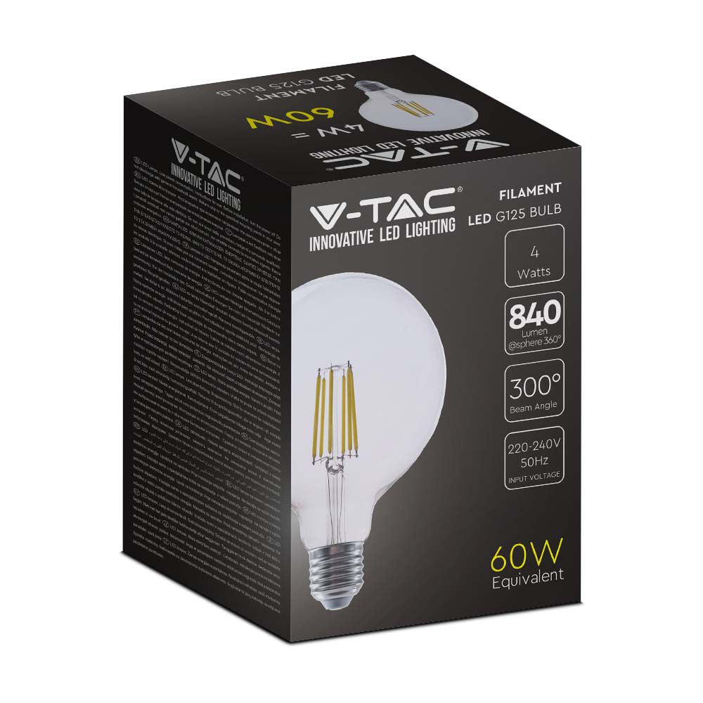4W G125 Żarówka LED Filament / Klosz Transparentny / Barwa:3000K / Trzonek:E27 / Skuteczność: 210lm/W