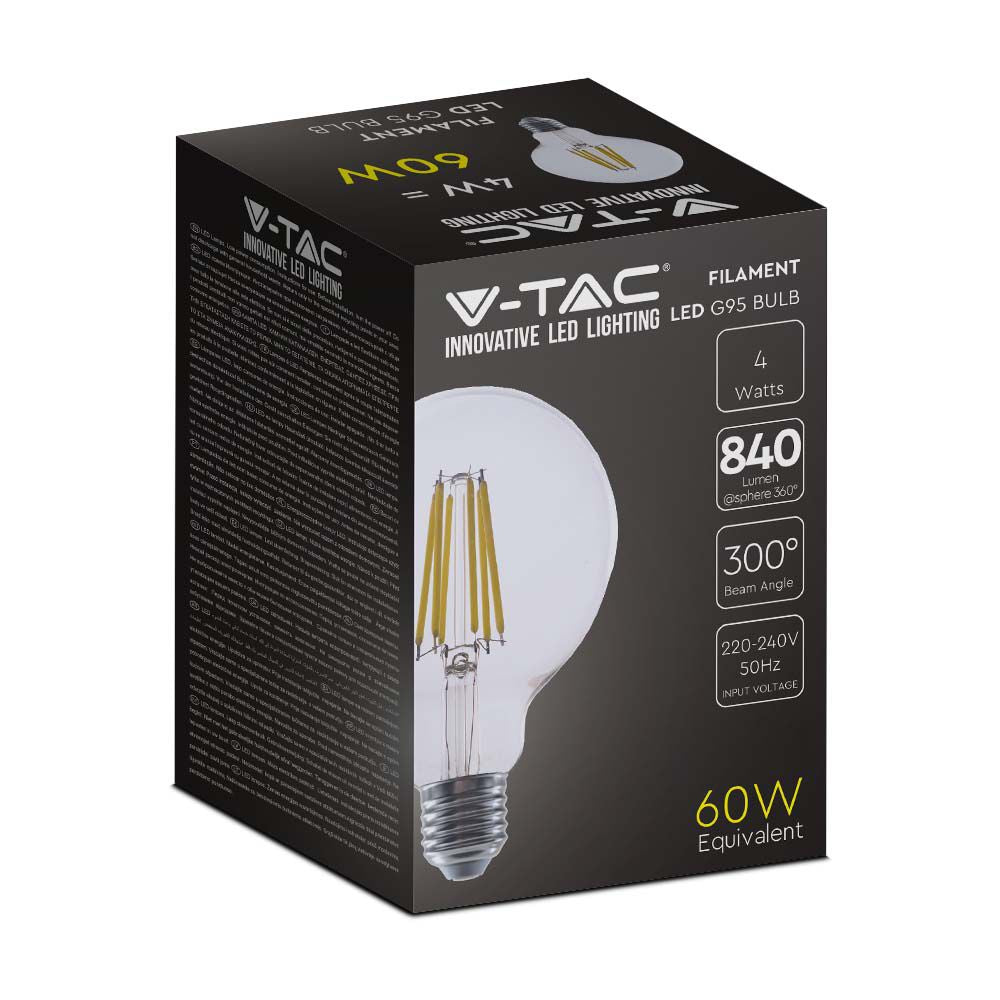 4W G95 Żarówka LED Filament / Klosz Transparentny / Barwa:4000K / Trzonek:E27 / Skuteczność: 210lm/W