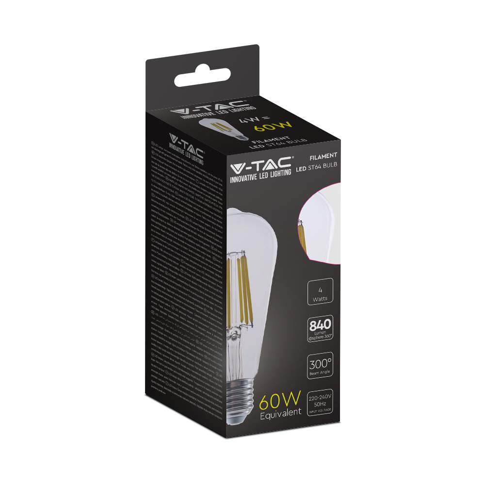 4W ST64 Żarówka LED Filament / Klosz Transparentny / Barwa:4000K / Trzonek:E27 / Skuteczność: 210lm/W