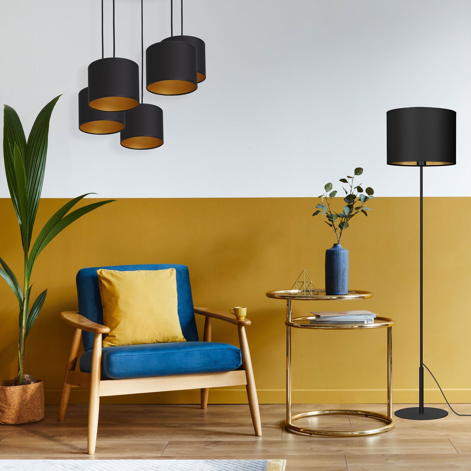 żyrandol Arden talerz dia 440, black, cylinder shade dia 180, h 150 black/gold 5xE27