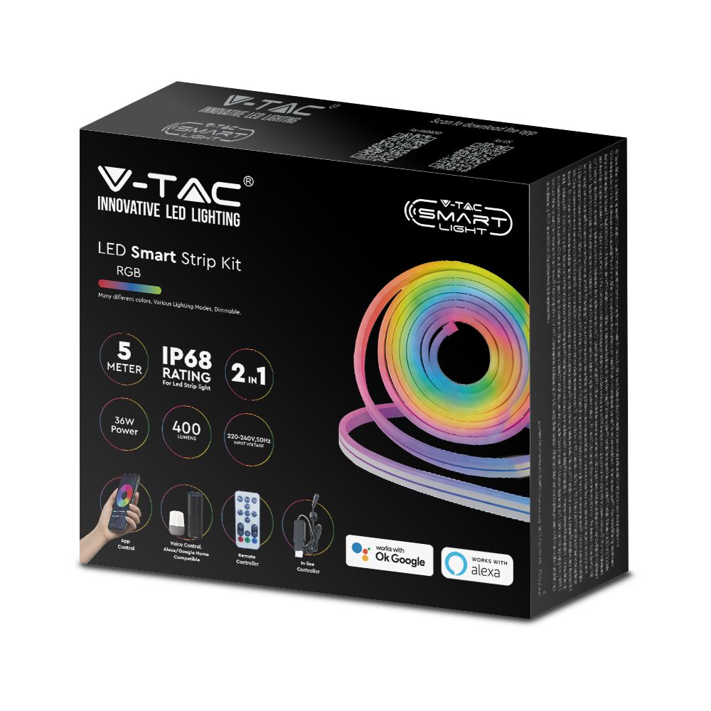 36W NEON FLEX / Barwa:RGB / Zasilanie: 230V / Sterowanie: WiFi+Pilot / Kompatybilny z Amazon Alexa i Google Home / Rolka:5m
