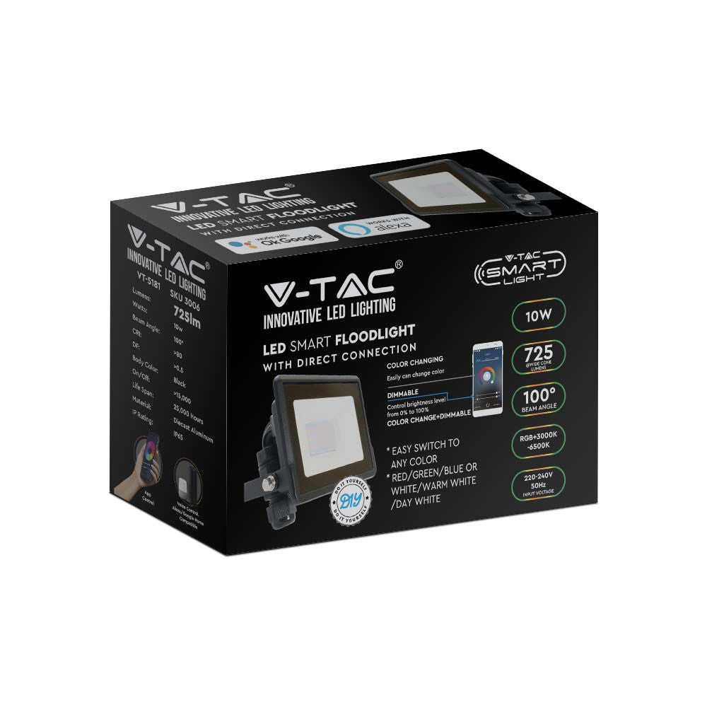 10W Naświetlacz LED SMD z mufą kablową / Sterowanie: WiFi / Kompatybilny z Amazon Alexa i Google Home / Barwa:RGB+3000K-6500K / Obudowa: Czarna
