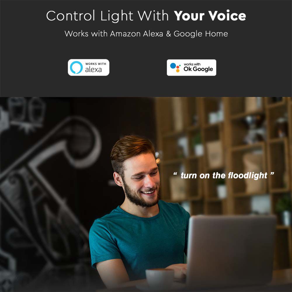 20W Naświetlacz LED SMD z czujnikiem ruchu i mufą kablową / Sterowanie: WiFi / Kompatybilny z Amazon Alexa i Google Home / Barwa:RGB+3000K-6500K / Obudowa: Czarna