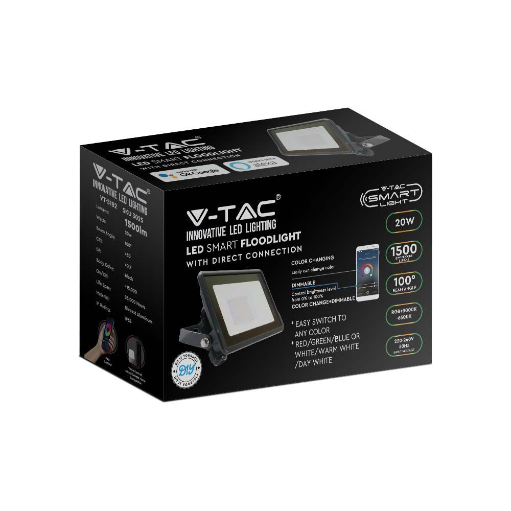 20W Naświetlacz LED SMD z mufą kablową / Sterowanie: WiFi / Kompatybilny z Amazon Alexa i Google Home / Barwa:RGB+3000K-6500K / Obudowa: Czarna