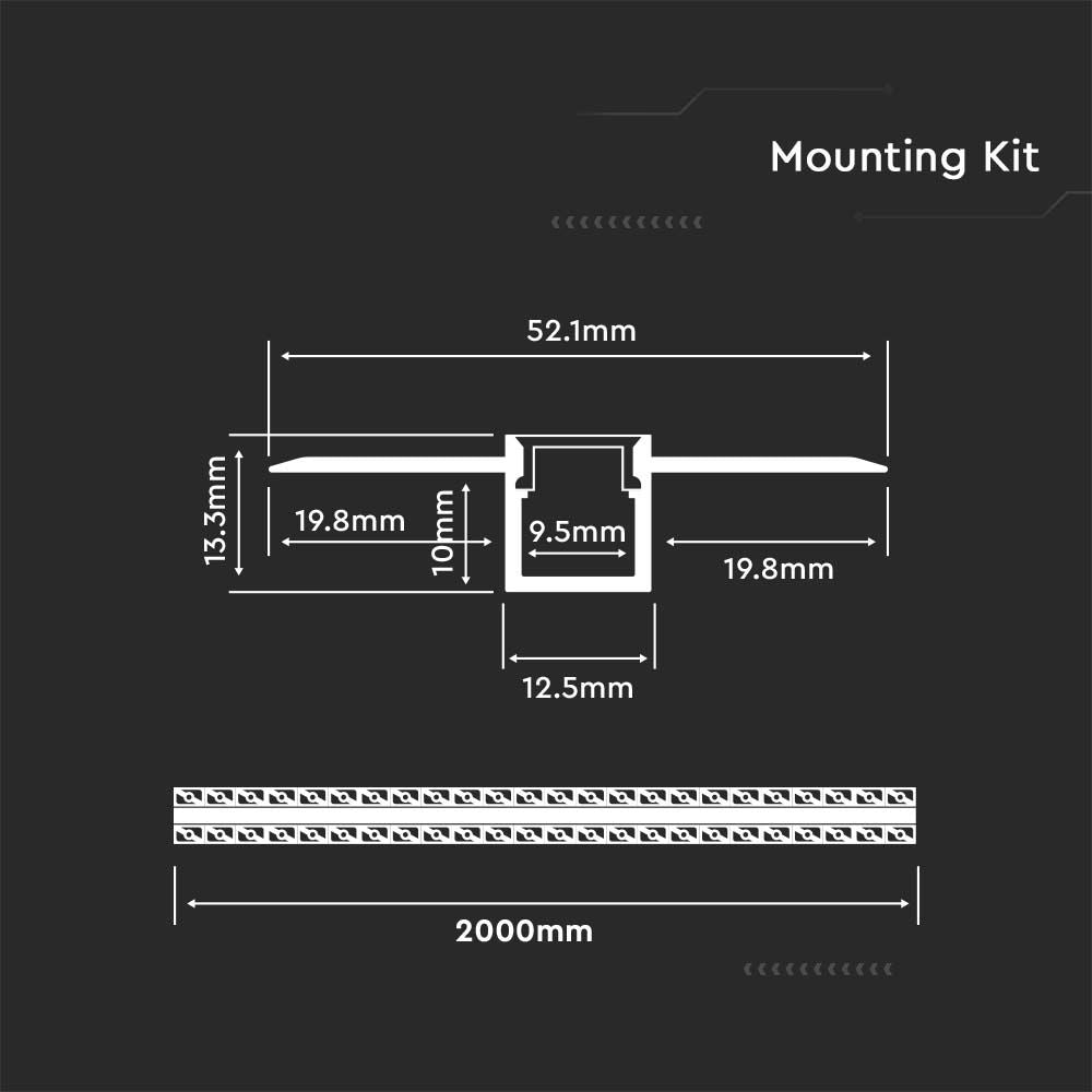 Profil Aluminiowy do paska LED wpuszczany do zabudowy karton gips / 2000x52.1x13.3mm / Klosz: Mleczny / Kolor: Aluminium