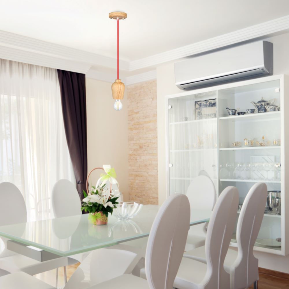 Lampa wisząca / Drewno / Czerwony przewód