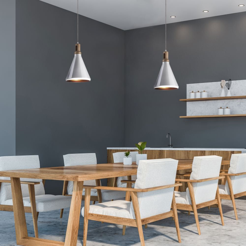 Lampa wisząca / Klosz: Stalowy z elementem drewna / Biały