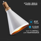 Lampa wisząca / Klosz: Stalowy z elementem drewna / Biały