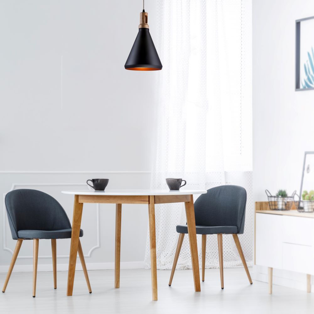 Lampa wisząca / Klosz: Stalowy z elementem drewna / Czarny