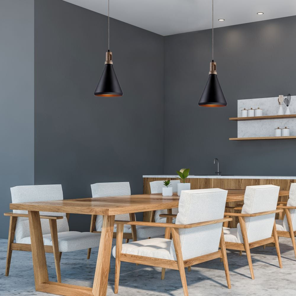 Lampa wisząca / Klosz: Stalowy z elementem drewna / Czarny