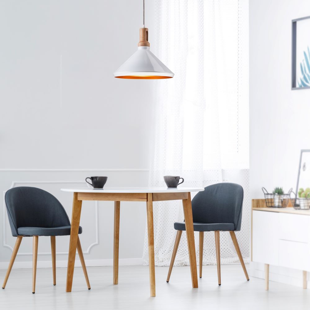 Lampa wisząca / Klosz: Stalowy z elementem drewna / Biały