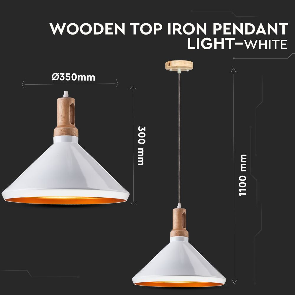 Lampa wisząca / Klosz: Stalowy z elementem drewna / Biały