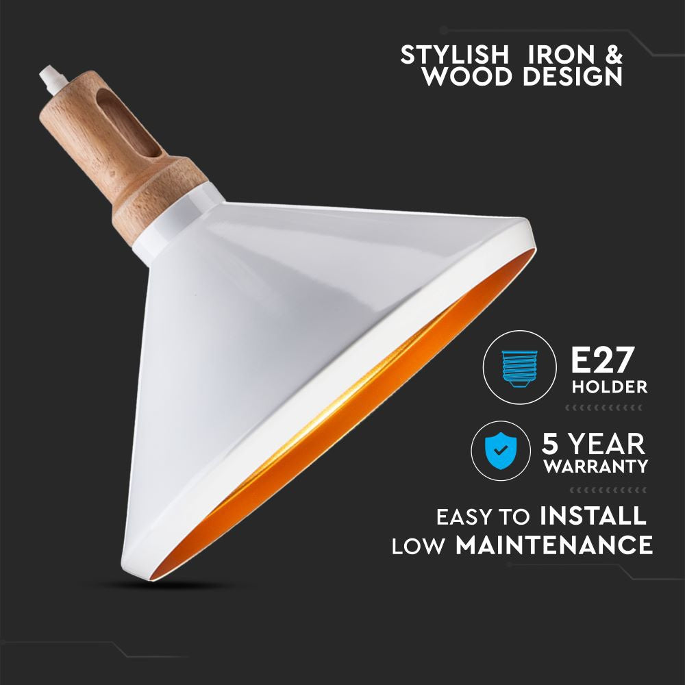 Lampa wisząca / Klosz: Stalowy z elementem drewna / Biały