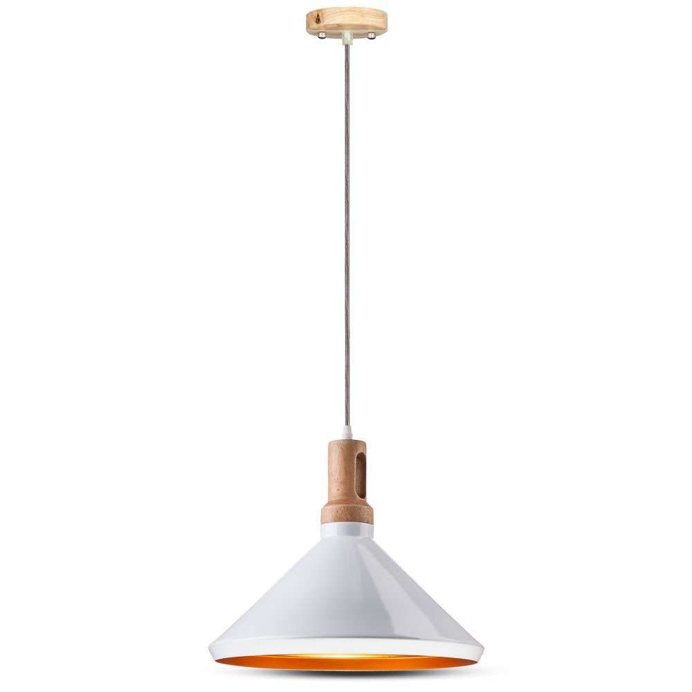 Lampa wisząca / Klosz: Stalowy z elementem drewna / Biały