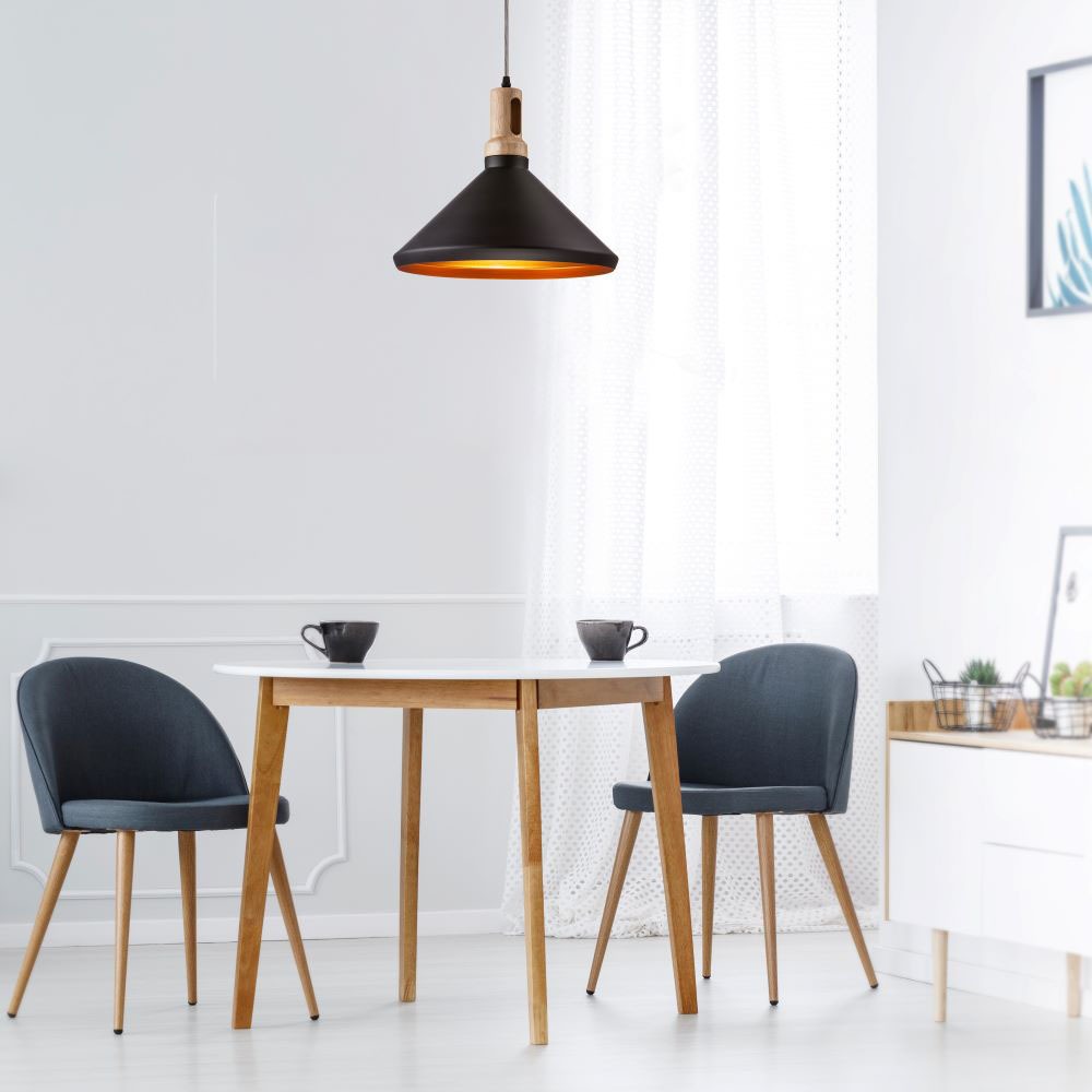 Lampa wisząca / Klosz: Stalowy z elementem drewna / Czarny