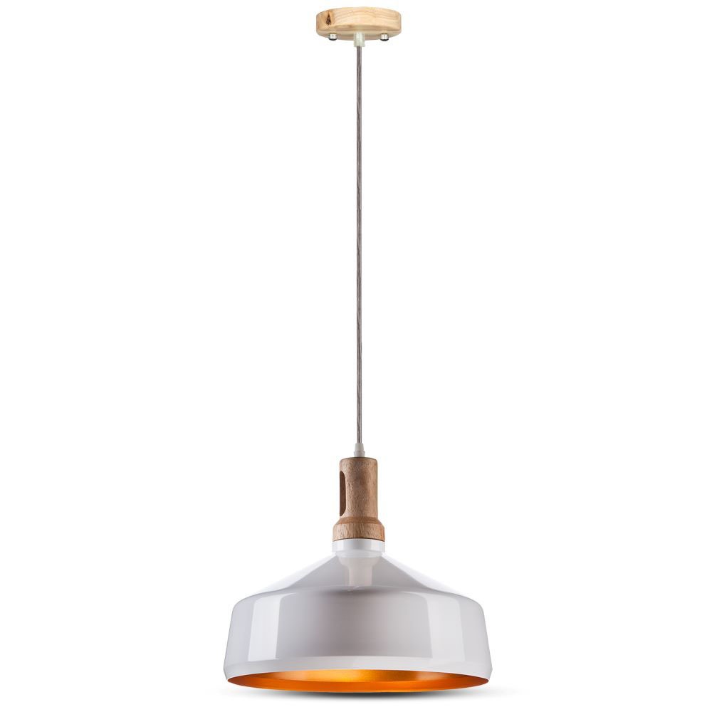 Lampa wisząca / Klosz: Stalowy z elementem drewna / Biały