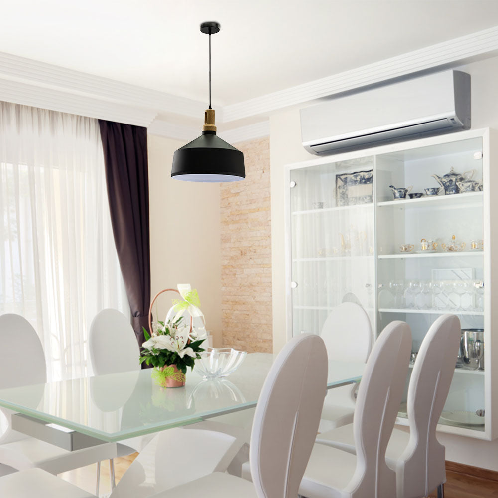 Lampa wisząca / Klosz: Stalowy z elementem drewna / Czarny