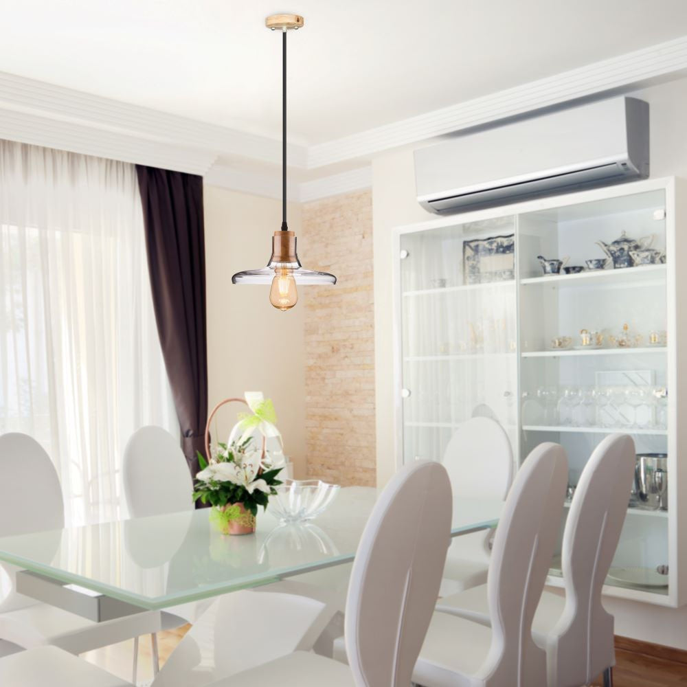 Lampa wisząca LED z baldachimem / Szkło+drewno