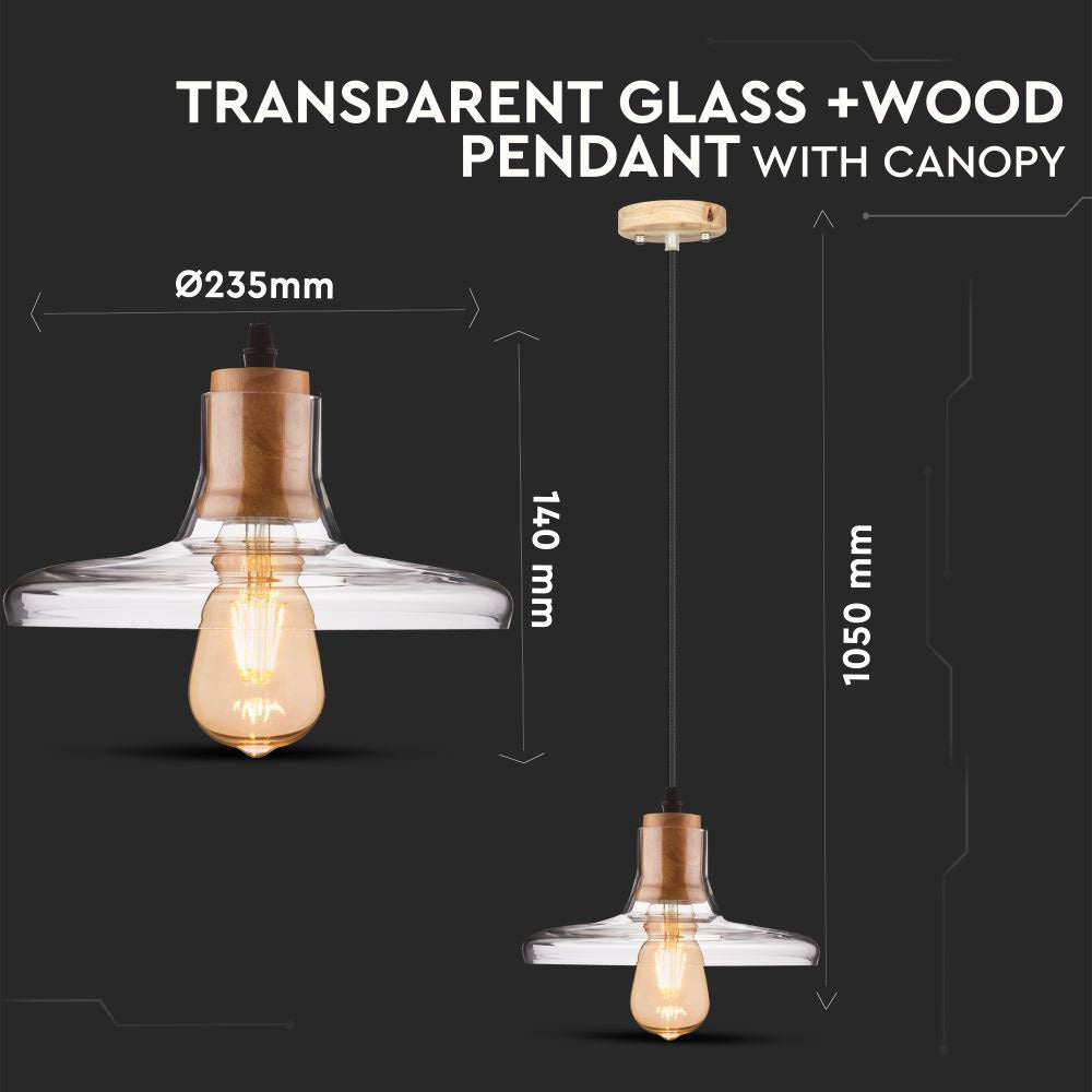 Lampa wisząca LED z baldachimem / Szkło+drewno