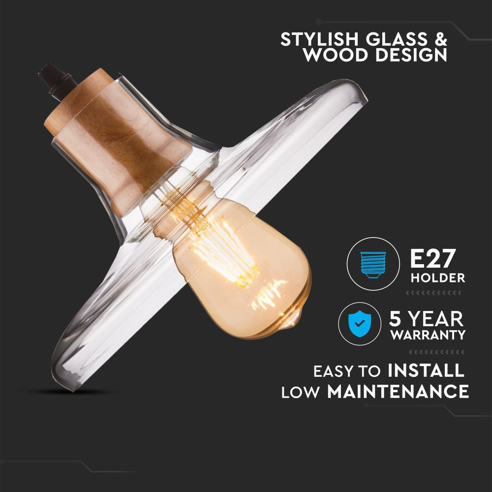 Lampa wisząca LED z baldachimem / Szkło+drewno