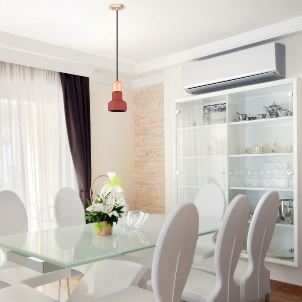 Lampa Wisząca / Beton + Drewno / Czerwony / Średnica: 125