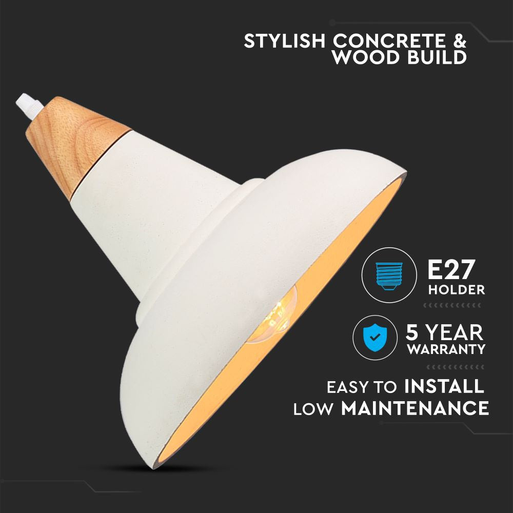 Lampa Wisząca / Beton + Drewno / Biały / Średnica: 300