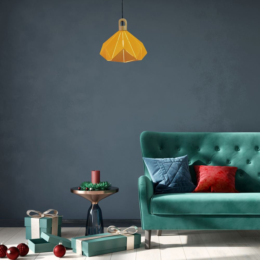 Lampa Wisząca / Żółty + Drewno / Średnica: 320