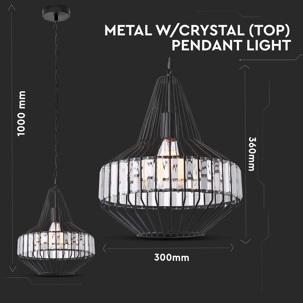 Lampa Wisząca / T / Klosz: Drut + Kryształki / Czarny / Średnica: 300