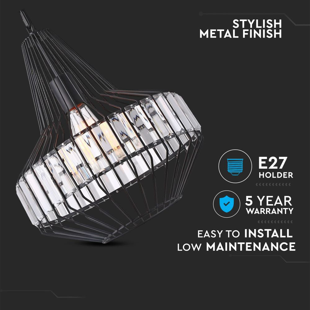 Lampa Wisząca / T / Klosz: Drut + Kryształki / Czarny / Średnica: 300