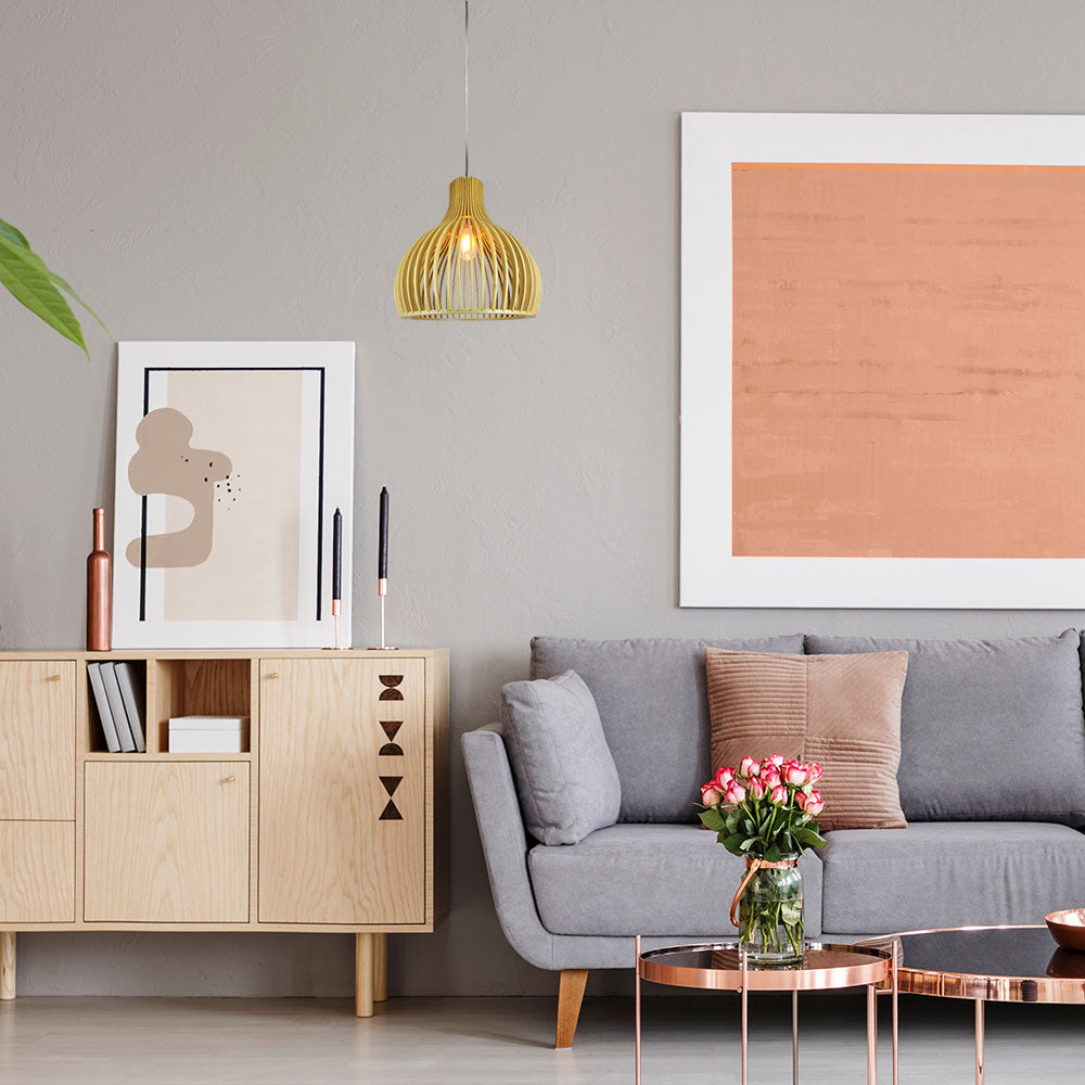 Lampa wisząca / Klosz drewno z chromowanymi dekoracjami / Średnica: 450