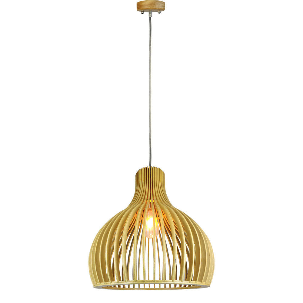 Lampa wisząca / Klosz drewno z chromowanymi dekoracjami / Średnica: 450