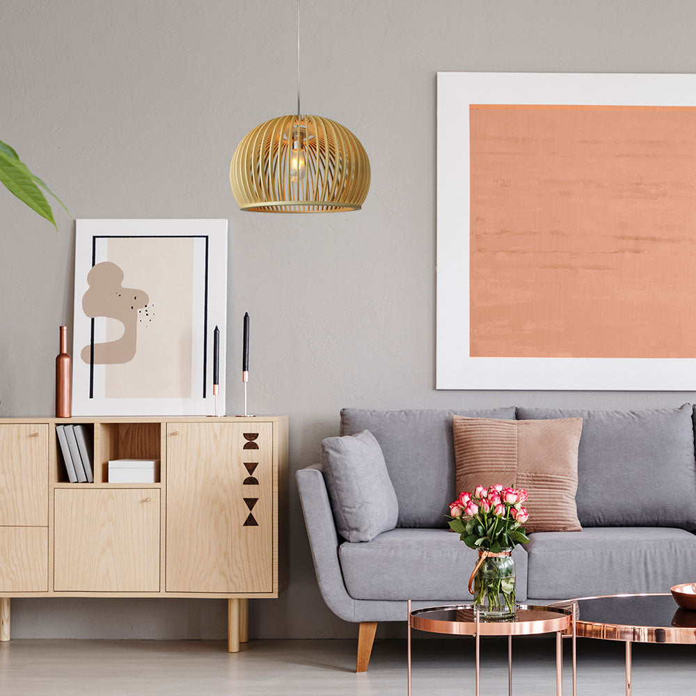 Lampa wisząca / Klosz drewno z chromowanymi dekoracjami / Średnica: 450