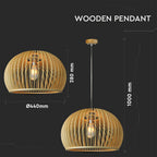 Lampa wisząca / Klosz drewno z chromowanymi dekoracjami / Średnica: 450