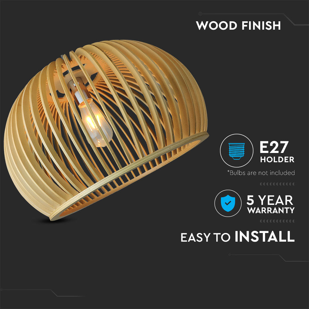 Lampa wisząca / Klosz drewno z chromowanymi dekoracjami / Średnica: 450
