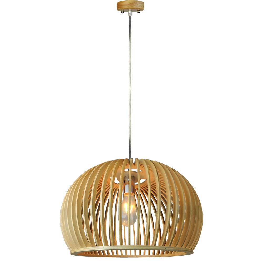 Lampa wisząca / Klosz drewno z chromowanymi dekoracjami / Średnica: 450