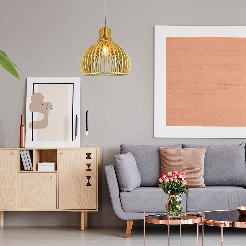Lampa wisząca / Klosz drewno z chromowanymi dekoracjami / Średnica: 450
