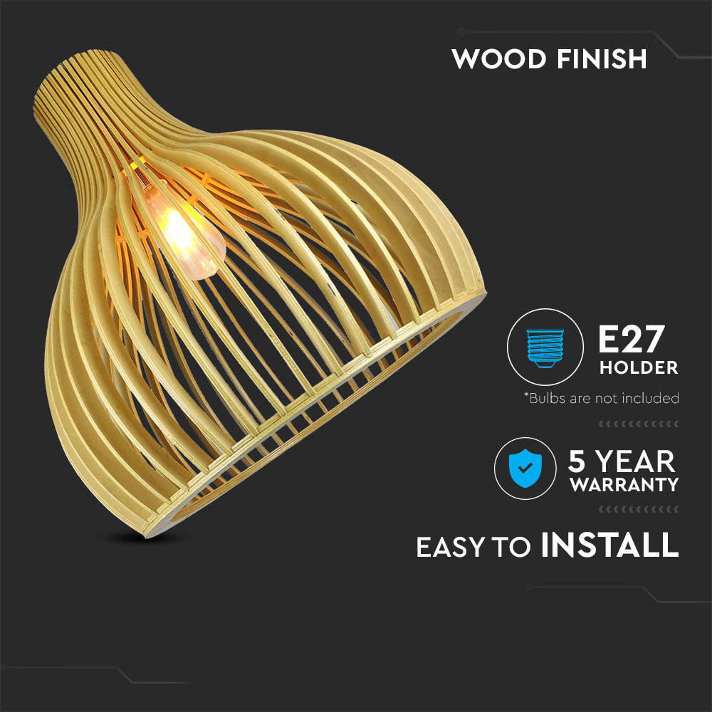 Lampa wisząca / Klosz drewno z chromowanymi dekoracjami / Średnica: 450