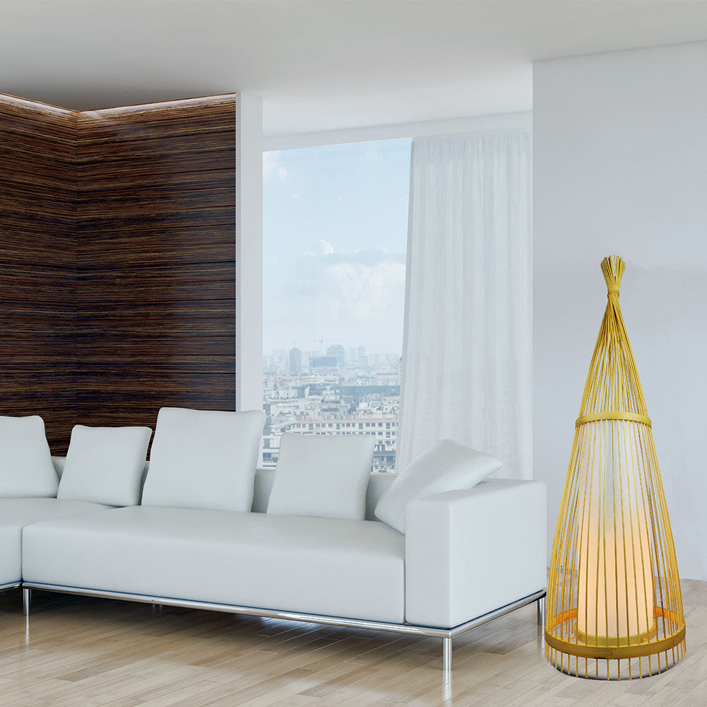 Lampa podłogowa / Klosz drewno z ratanem / Średnic: 400 / Wysokość: 1500
