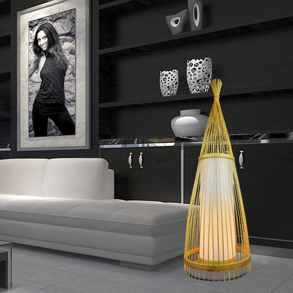 Lampa podłogowa / Klosz drewno z ratanem / Średnic: 400 / Wysokość: 1500
