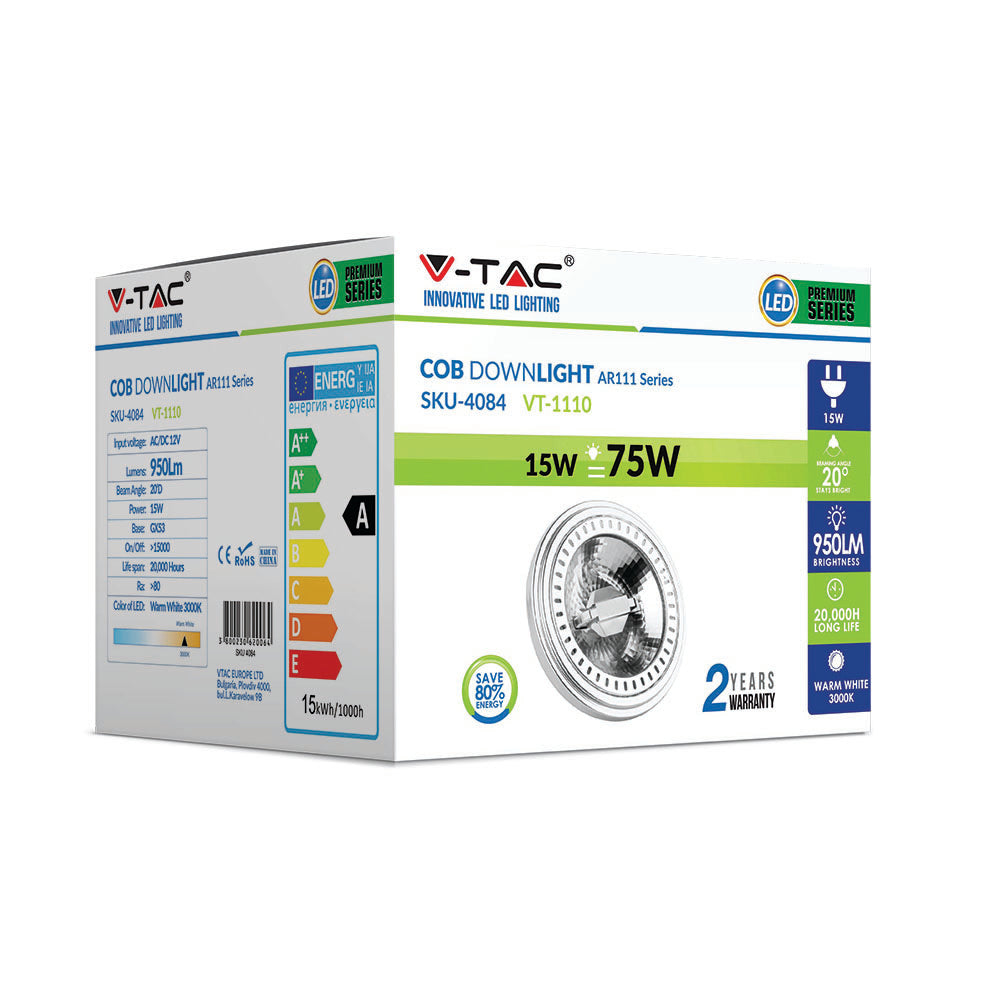 15W AR111 Żarówka LED / Barwa:3000K / Kąt 20' / Trzonek: G53 / Zasilanie:12V