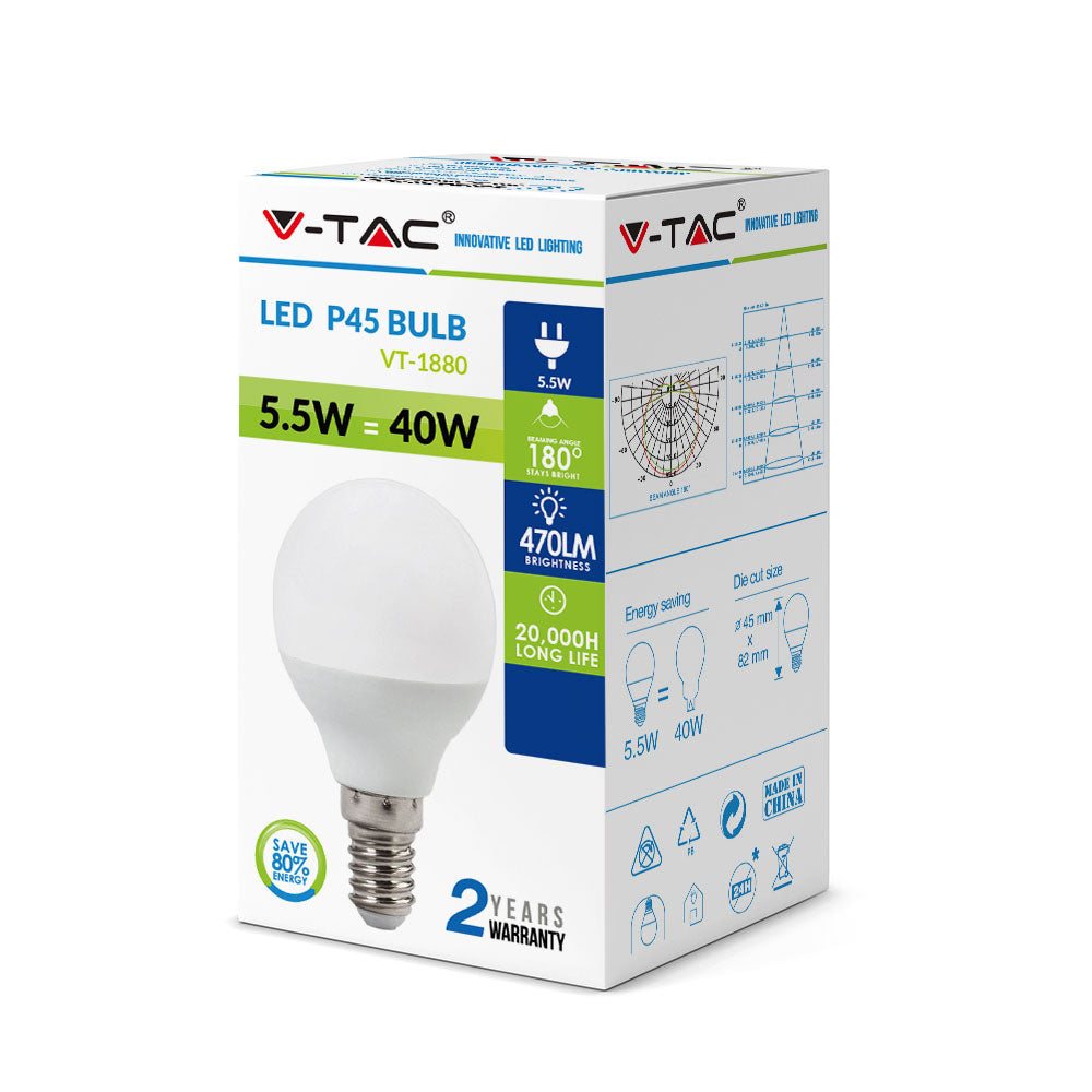 5.5W Żarówka LED P45 / Barwa:6400K / Trzonek:E14