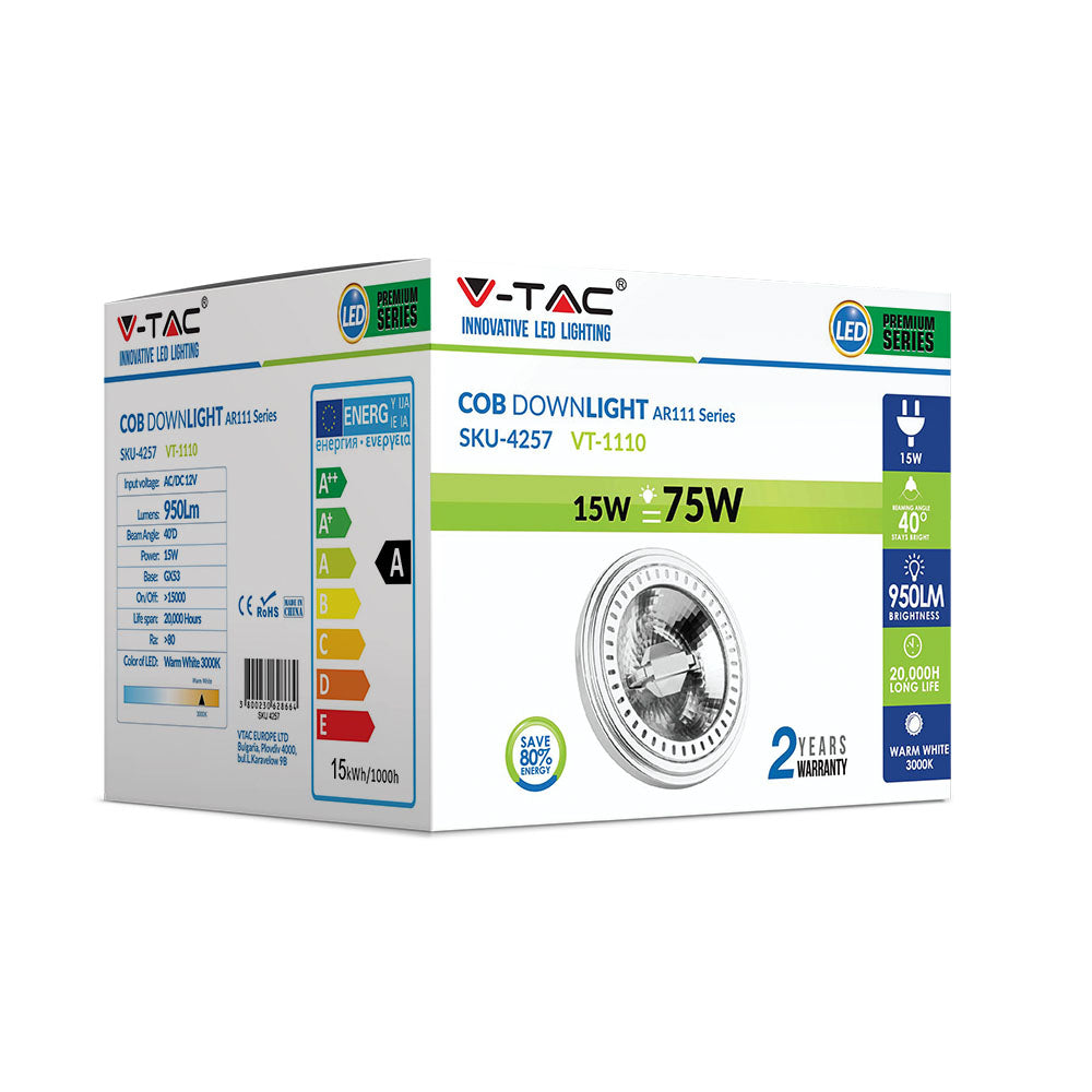 15W AR111 PAR Żarówka LED / Barwa:3000K / Trzonek:G53 / Zasilanie:12V