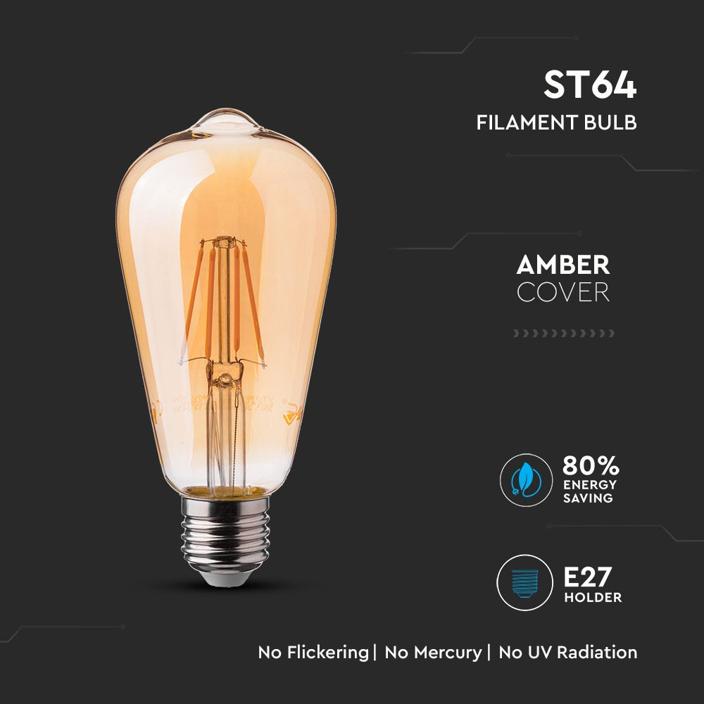 6W LED ST64 Żarówka LED Filament / Klosz: Bursztynowy / Barwa:2200K / Trzonek:E27