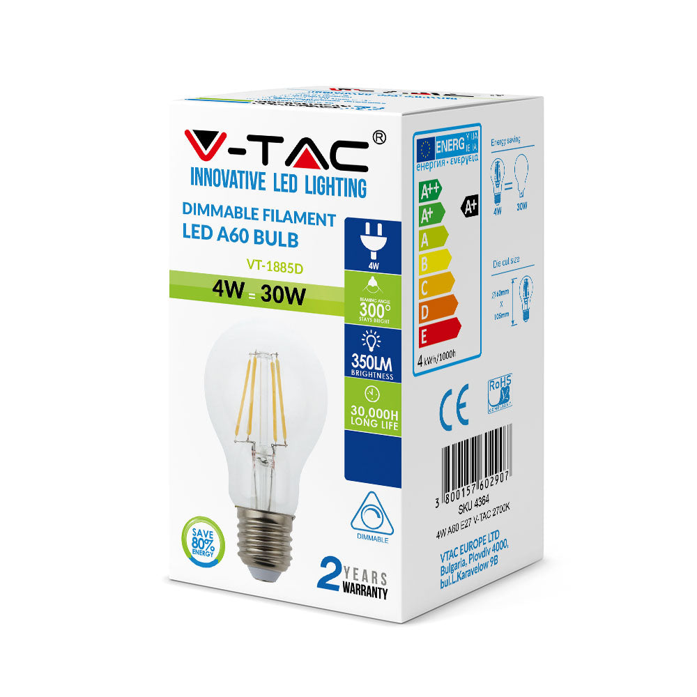 4W A60 Żarówka LED Filament / Barwa:2700K / Ściemniana / Trzonek:E27