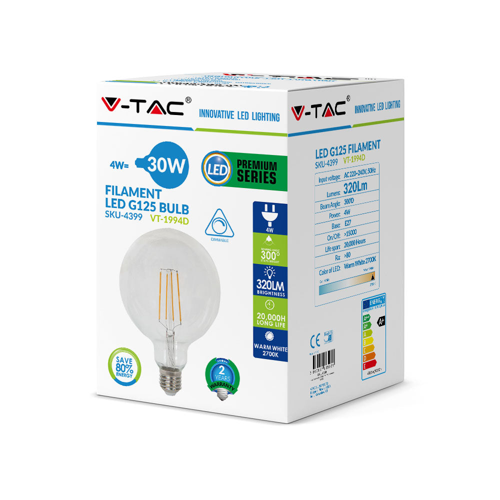 4W G125 Żarówka LED Filament / Barwa:2700K / Ściemniana / Trzonek:E27