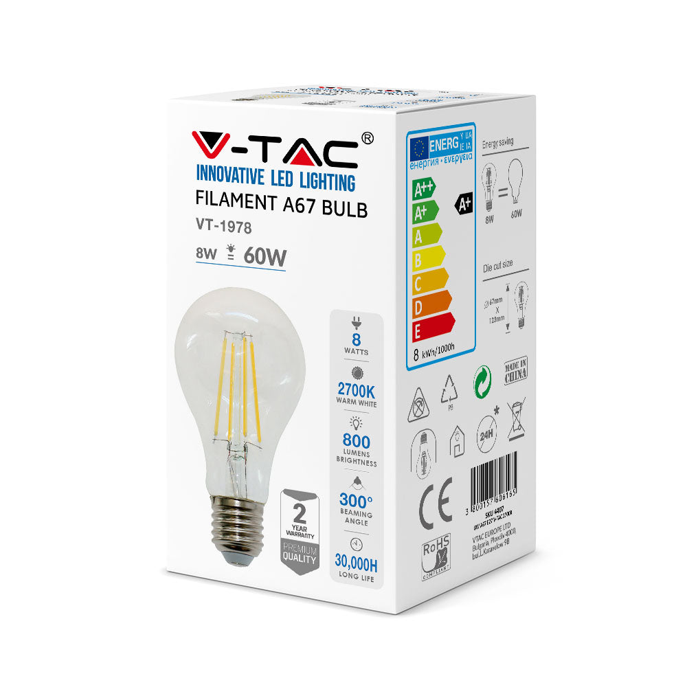 8W A67 Żarówka LED Filament / Barwa:4000K / Trzonek:E27